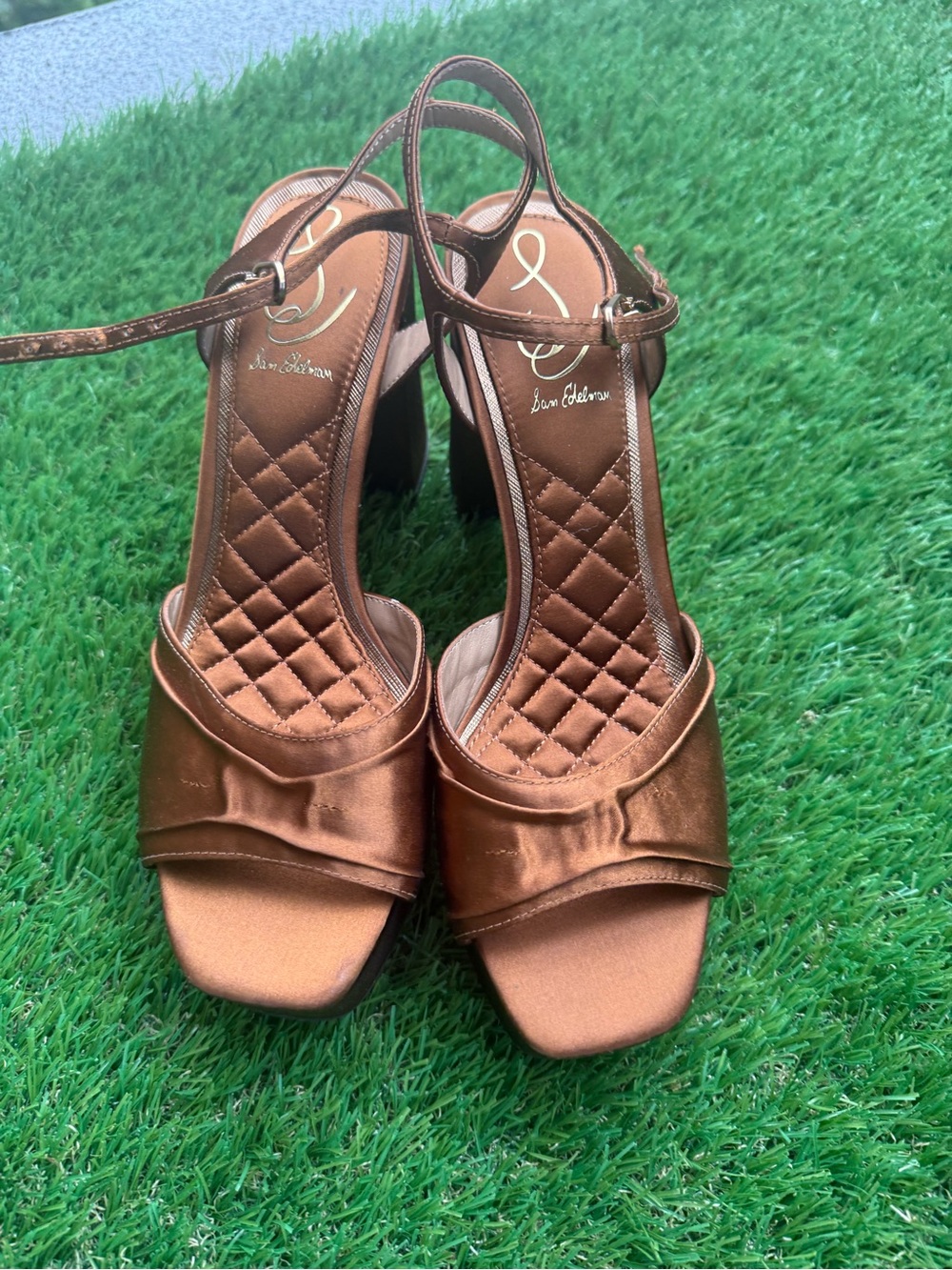 Satin Brown Block Heel Sandals with Ankle Strap